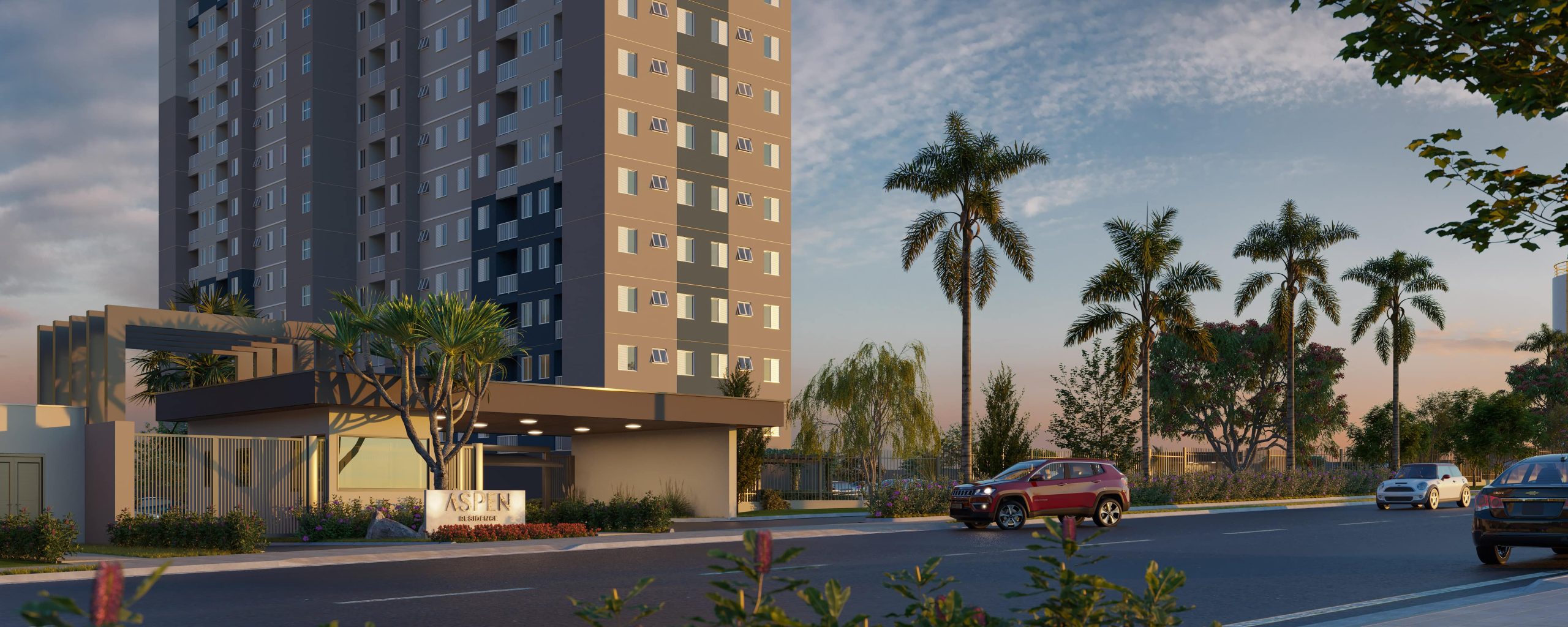 Perspectiva_Portaria_Entardecer_Residencial_Aspen_HD